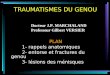 TRAUMATISMES DU GENOU PLAN 1- rappels anatomiques 2- entorse et fractures du genou 3- lésions des ménisques Docteur J.P. MARCHALAND Professeur Gilbert