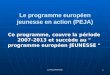 Lo Russo Raimondo 1 Le programme européen jeunesse en action (PEJA) Ce programme, couvre la période 2007-2013 et succède au " programme européen JEUNESSE