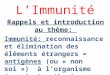 LImmunité Rappels et introduction au thème: Immunité: reconnaissance et élimination des éléments étrangers = antigènes (ou « non soi ») à lorganisme («