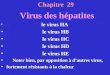 Chapitre 29 Virus des hépatites le virus HA le virus HB le virus HC le virus HD le virus HE Noter bien, par opposition à dautres virus, fortement résistants