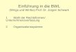 Einführung in die BWL (Wings und Winfos) Prof. Dr. Jürgen Schwark 1 Wahl der Rechtsformen/ Unternehmensverfassung 2 Organisationssysteme