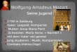 Seine Jugend 1756 in Salzburg Vater: Leopold: Komponist Mutter: Anna Maria Pertl Schwester: Maria Anna: « Nannerl » mit dem Vater viel gereist Jung studieren