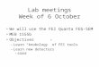 Lab meetings Week of 6 October We will use the FEI Quanta FEG-SEM MEB 1555b Objectives –Learn “knobology” of FEI tools –Learn new detectors SSBSE