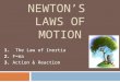 NEWTON’S LAWS OF MOTION 1. The Law of Inertia 2. F=ma 3. Action & Reaction