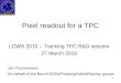 1 Pixel readout for a TPC LCWS 2010 – Tracking TPC R&D session 27 March 2010 Jan Timmermans On behalf of the Bonn/CERN/Freiburg/Nikhef/Saclay groups