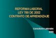 REFORMA LABORAL LEY 789 DE 2002 CONTRATO DE APRENDIZAJE Consultores Laborales 2003