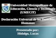 Universidad Metropolitana de Educación, Ciencia y Tecnología (UMECIT) Declaración Universal de los Derechos Humanos Presentado por: Hidalgo, Lucas