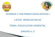 TEORIAS Y SISTEMAS EDUCATIVOS I LICDA: MARLEN RAJO TEMA: EDUCACION ORIENTAL GRUPO #: 2