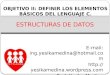 E-mail: ing.yesikamedina@hotmail.com  Prof. Yesika Medina ESTRUCTURAS DE DATOS OBJETIVO II: DEFINIR LOS ELEMENTOS BÁSICOS