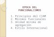 EPOCA DEL FUNCIONALISMOS 1.Principios del CIAM 2.Mínimos funcionales 3.Unidad mínima de agregación 4.Estilo Internacional