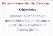 Objetivos Abordar o conceito de gerenciamento do escopo e a Estrutura Analítica do Projeto (EAP)