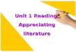 Unit 1 Reading Appreciating literature. Important phrases: 1. 欣赏文学 2. 推荐什么给某人 P1 3. 印刷书 P1 4. 尘封在书架上无人问津 L8 5. 与什么毫无关系