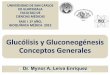 Glucólisis y Gluconeogénesis Conceptos Generales · Glucólisis 3a. Etapa: Metabolismo de Triosas. En este paso, cada una genera ... de escasez de carbohidratos. Provee glucosa