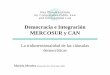 Democracia e Integración MERCOSUR y CAN · 2012-03-25 · CAN-Mercosur: UNASUR= vigencia de la cláusula democrática Amenazas: populismos = re-democratización? Mecanismos eficiente: