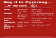 Say it in Cymraeg… - Aberystwyth University · 2018. 10. 22. · Cuppa Paned / Disgled Pan-ed / Dish-cled Sandwich Brechdan Brech-dan (‘ch’ as in ‘loch’) Water Dŵr Doore