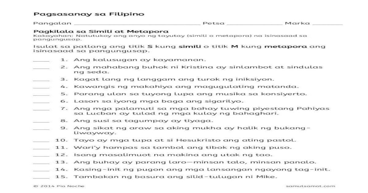 Pagsasanay Sa Filipino Samut Samot Free Printable 3 Kagat Lang